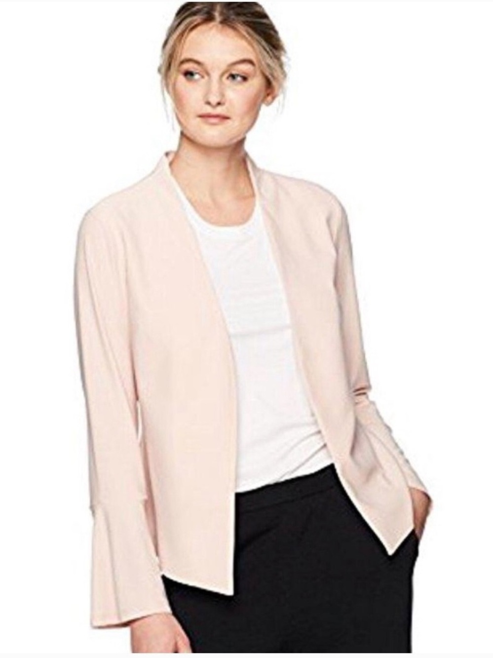 Adrianna Papell Blush Pink Bell Sleeve Collarless Open Front Blazer